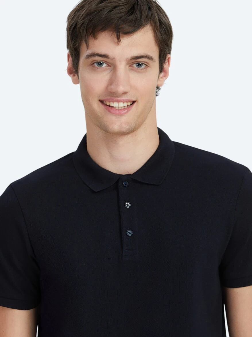 Lacivert Düz Polo Yaka %100 Pamuk T-Shirt - 3