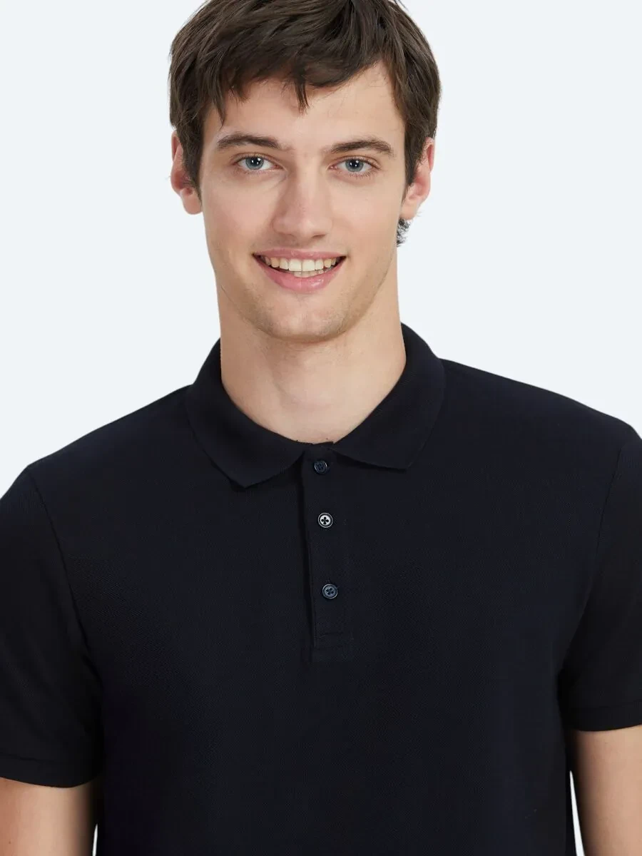Lacivert Düz Polo Yaka %100 Pamuk T-Shirt - 3