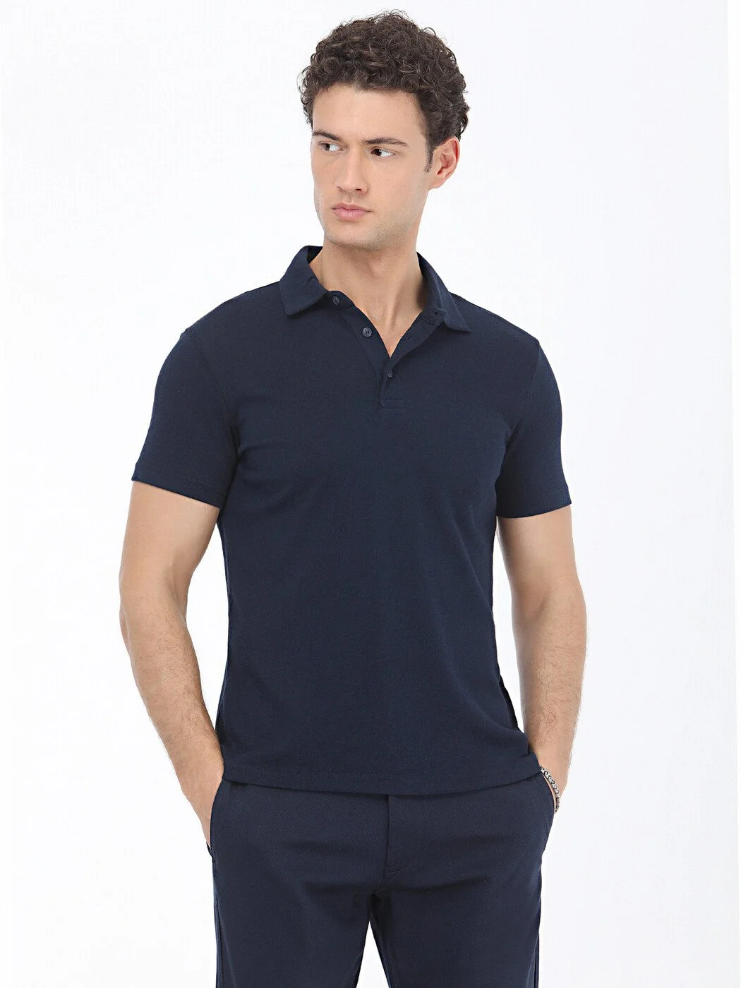 Lacivert Düz Polo Yaka Pamuk Karışımlı T-Shirt - 1