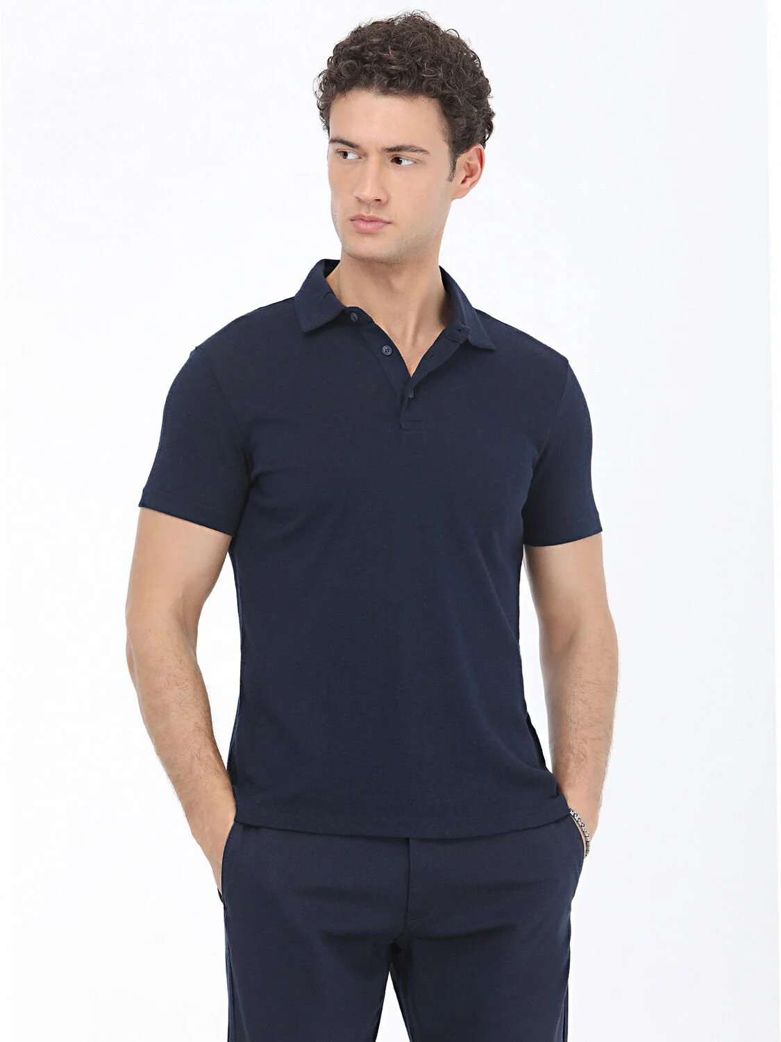 Lacivert Düz Polo Yaka Pamuk Karışımlı T-Shirt - 1