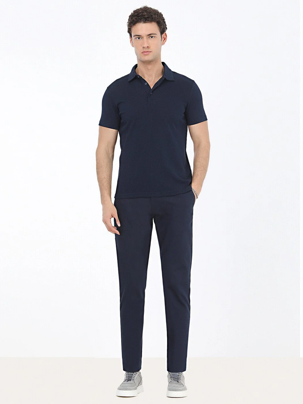 Lacivert Düz Polo Yaka Pamuk Karışımlı T-Shirt - 2