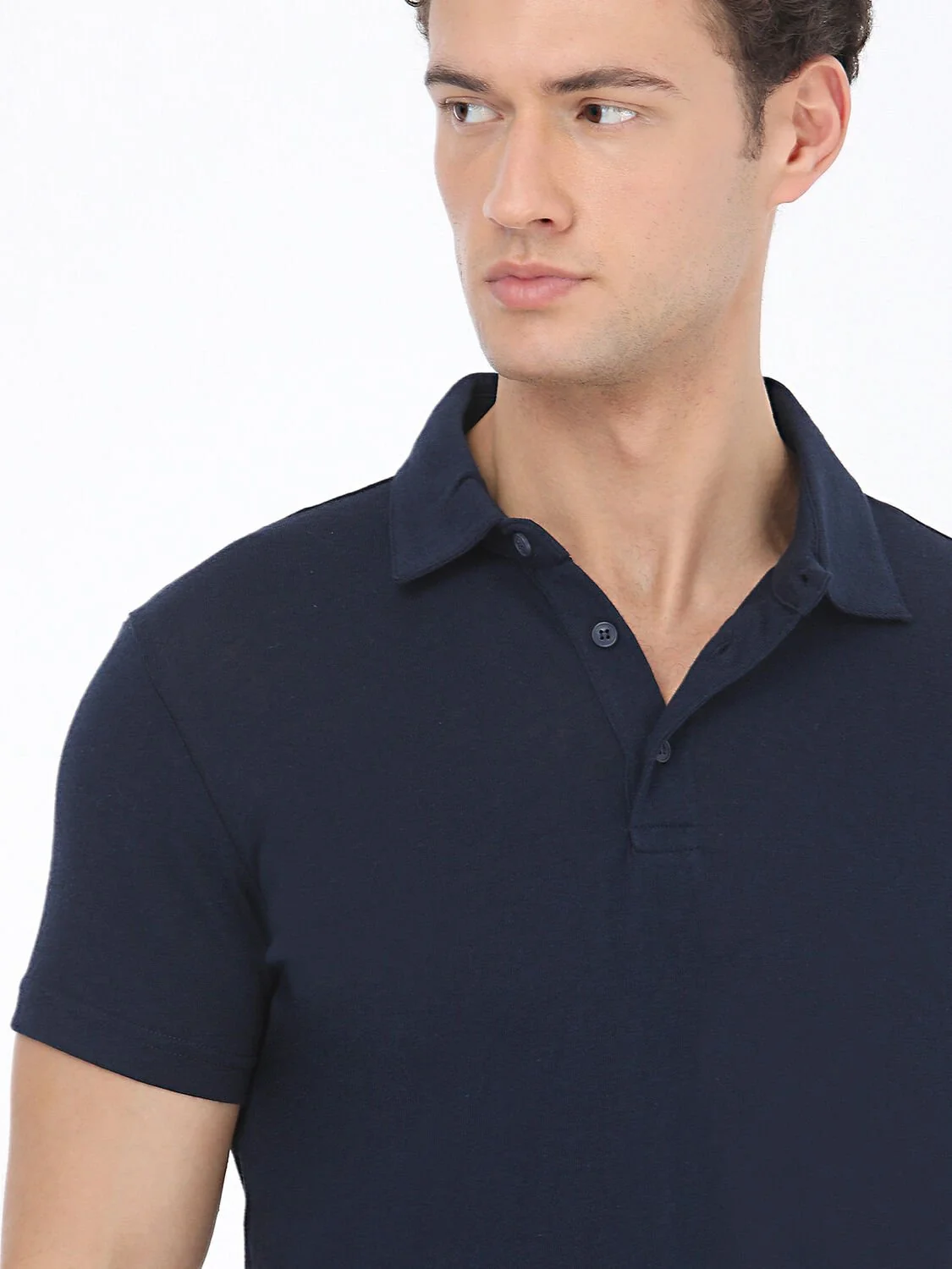 Lacivert Düz Polo Yaka Pamuk Karışımlı T-Shirt - 3