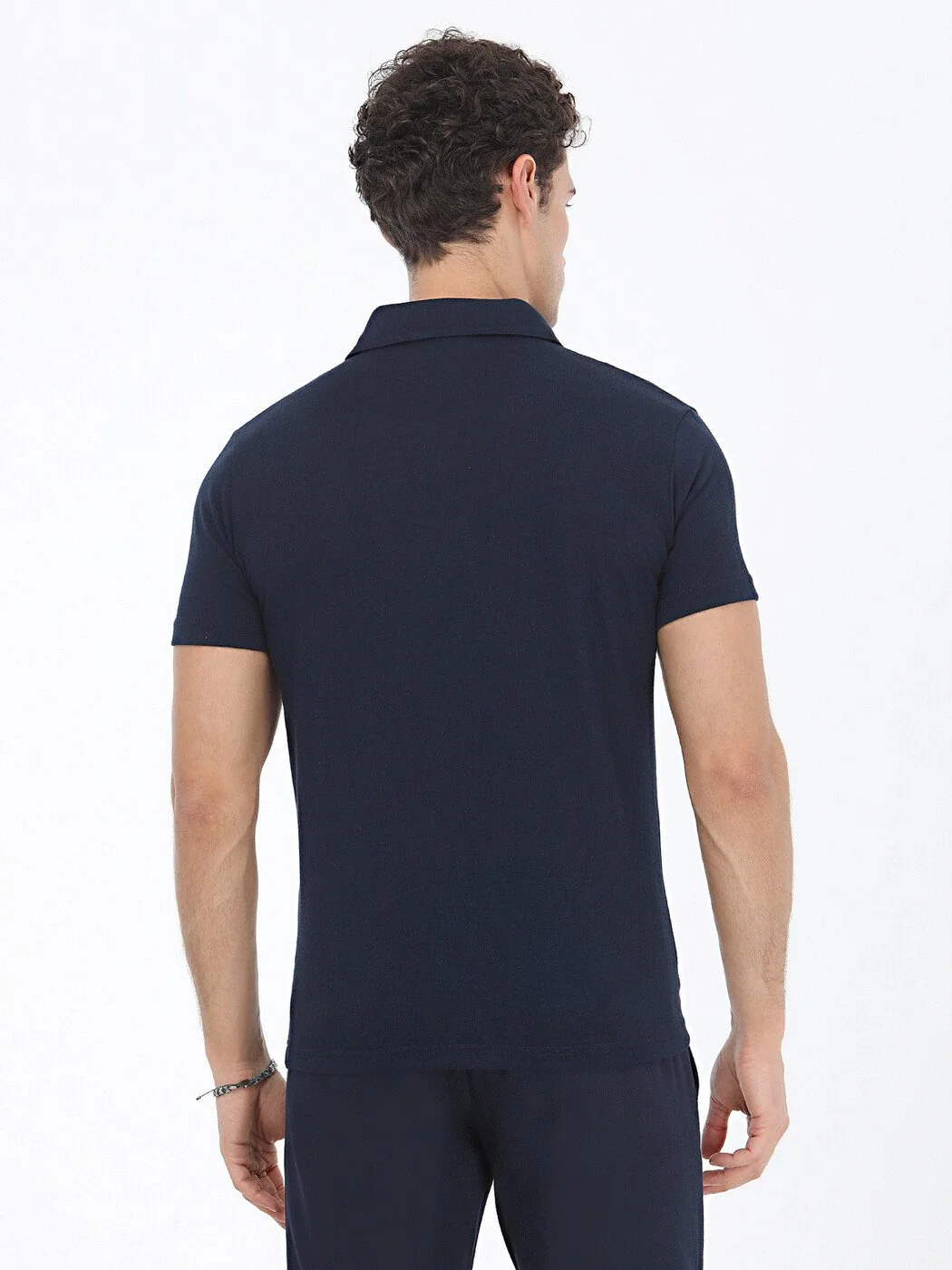 Lacivert Düz Polo Yaka Pamuk Karışımlı T-Shirt - 4