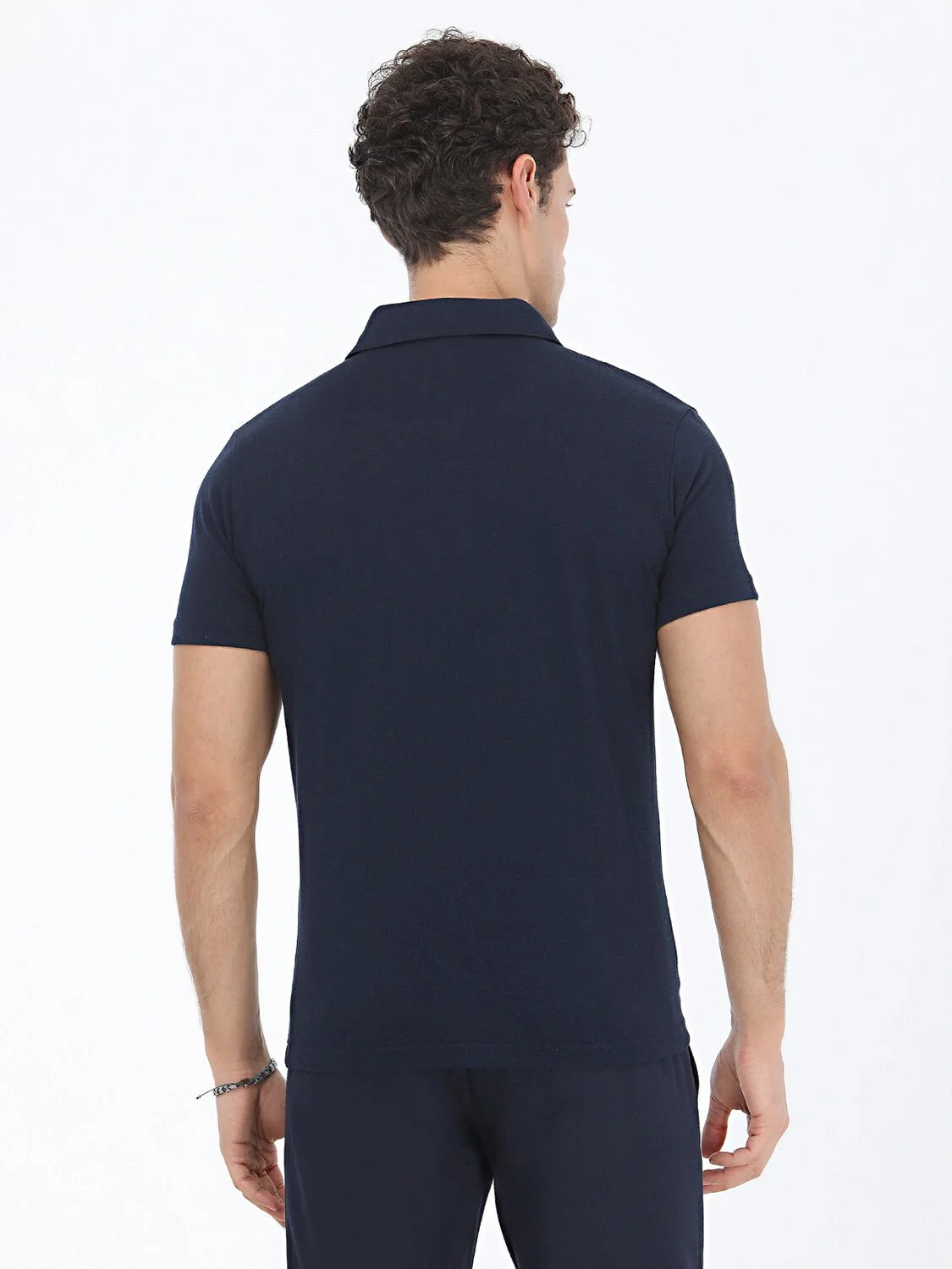 Lacivert Düz Polo Yaka Pamuk Karışımlı T-Shirt - 4
