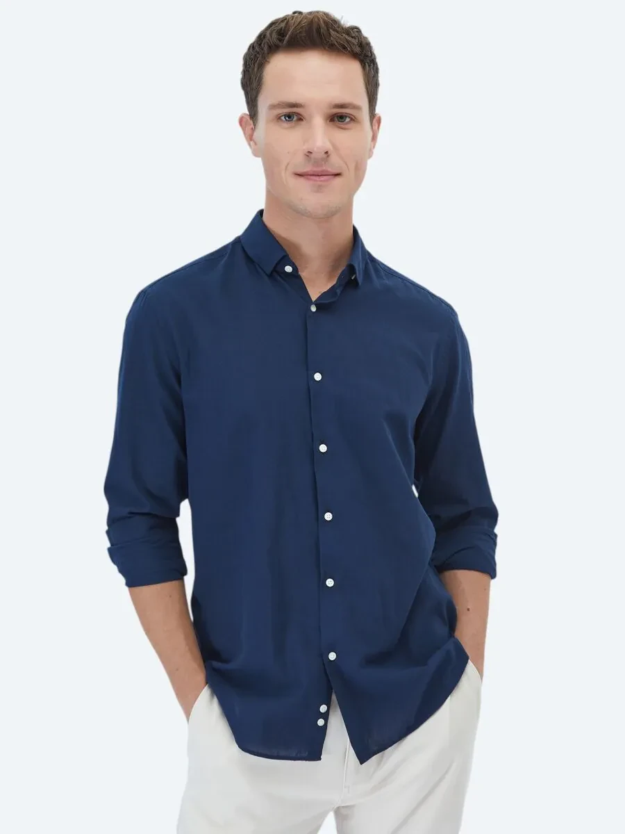 Lacivert Düz Regular Fit Dokuma Casual %100 Pamuk Gömlek - 1