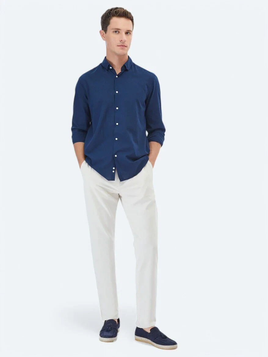 Lacivert Düz Regular Fit Dokuma Casual %100 Pamuk Gömlek - 2