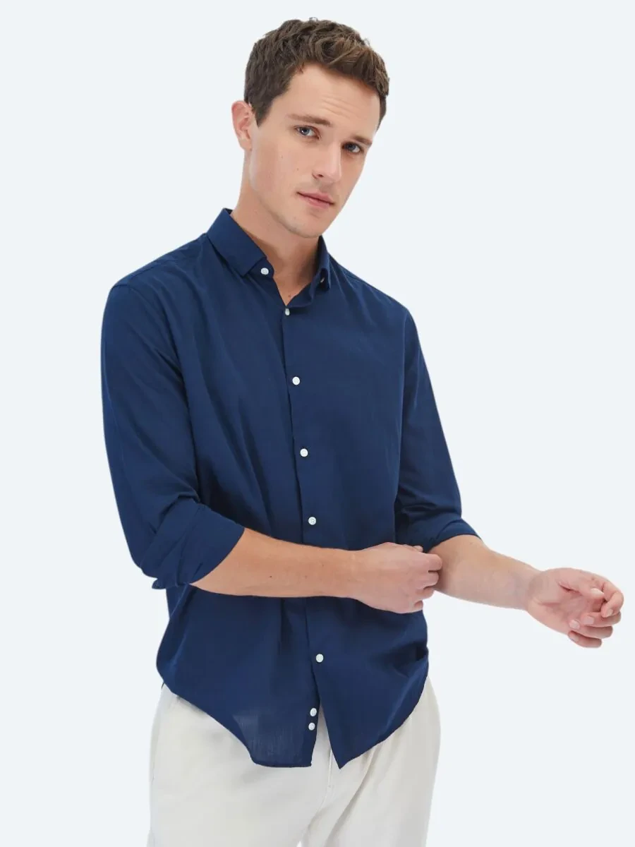 Lacivert Düz Regular Fit Dokuma Casual %100 Pamuk Gömlek - 3