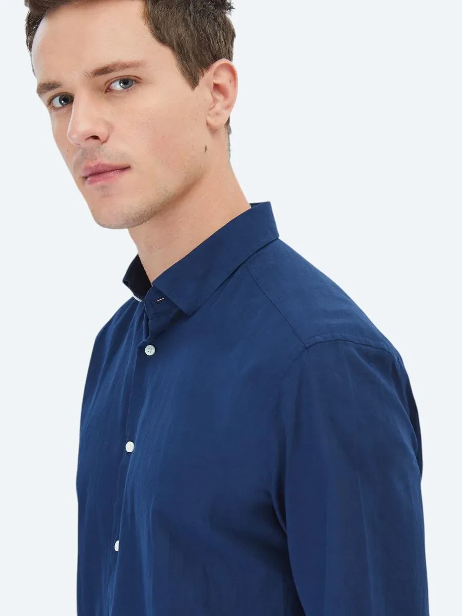 Lacivert Düz Regular Fit Dokuma Casual %100 Pamuk Gömlek - 4
