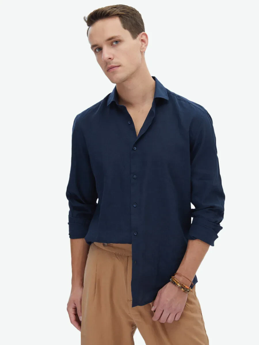 Lacivert Düz Regular Fit Dokuma Casual Pamuk Karışımlı Gömlek - 2