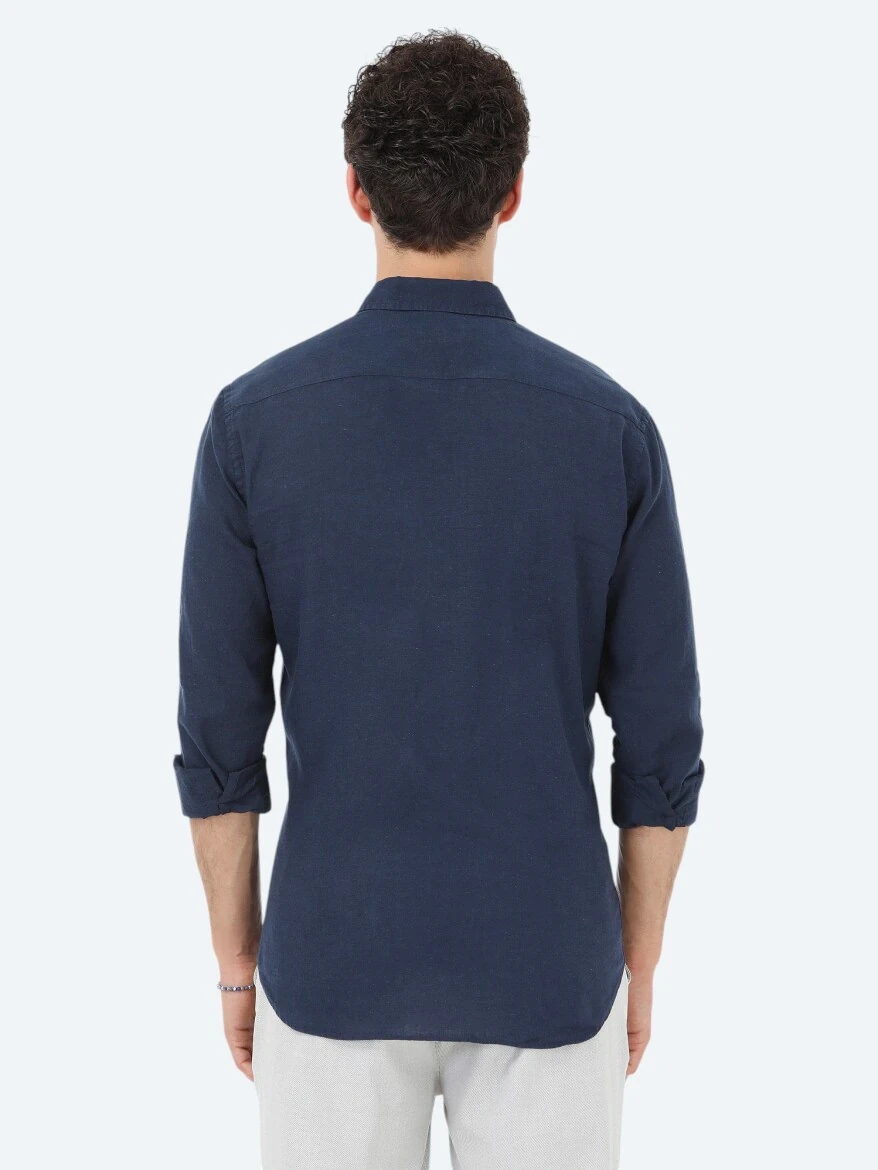 Lacivert Düz Regular Fit Dokuma Casual Pamuk Karışımlı Gömlek - 5
