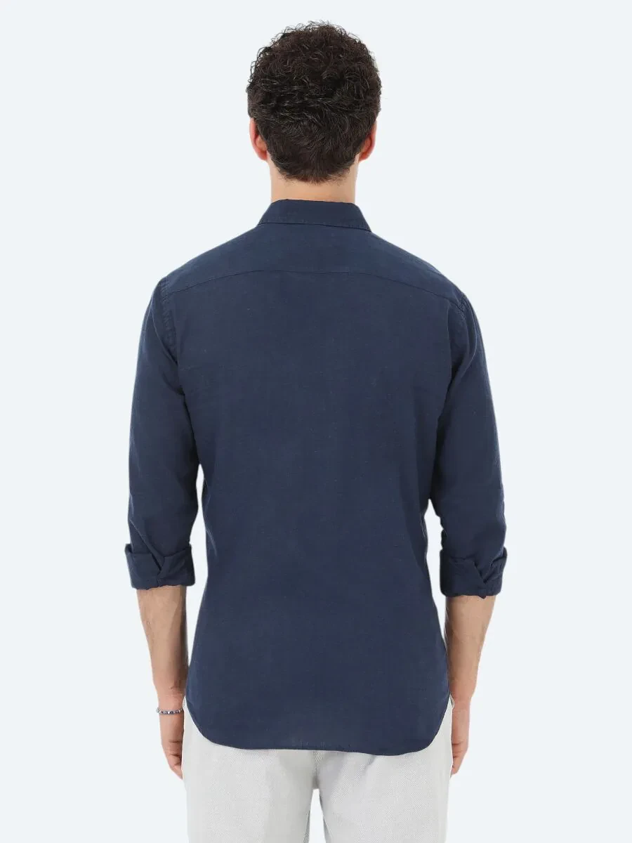 Lacivert Düz Regular Fit Dokuma Casual Pamuk Karışımlı Gömlek - 5