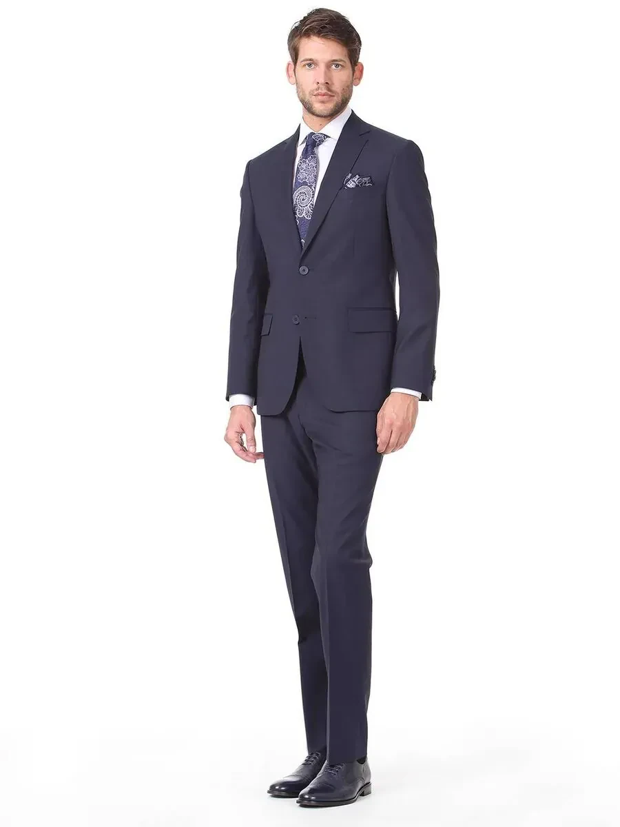 Lacivert Düz Regular Fit Yün Karışımlı Takım Elbise - 2