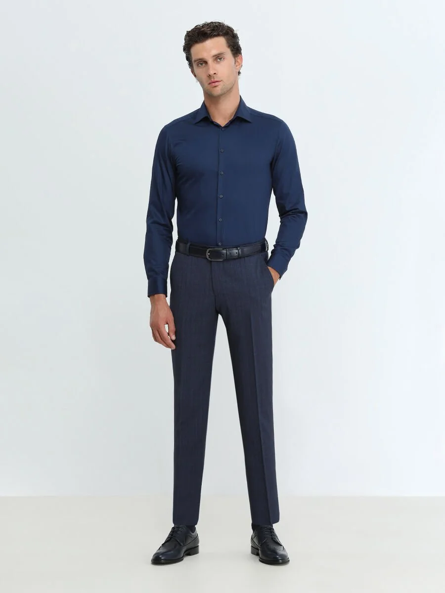 Lacivert Düz Slim Fit Dokuma Klasik %100 Pamuk Gömlek - 2