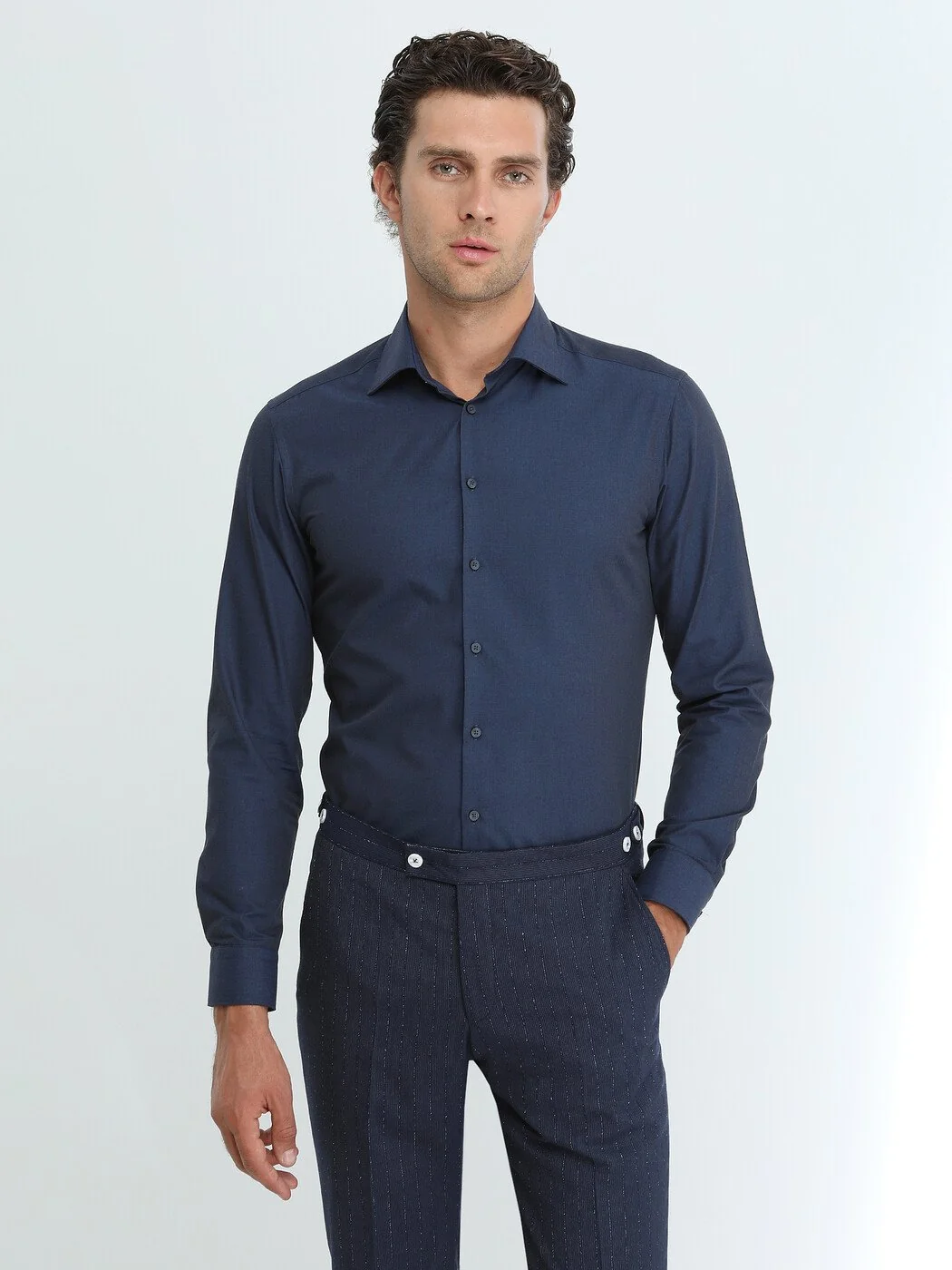 Lacivert Düz Slim Fit Dokuma Klasik Pamuk Karışımlı Gömlek 