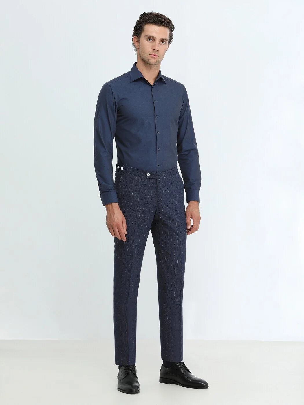 Lacivert Düz Slim Fit Dokuma Klasik Pamuk Karışımlı Gömlek - 2