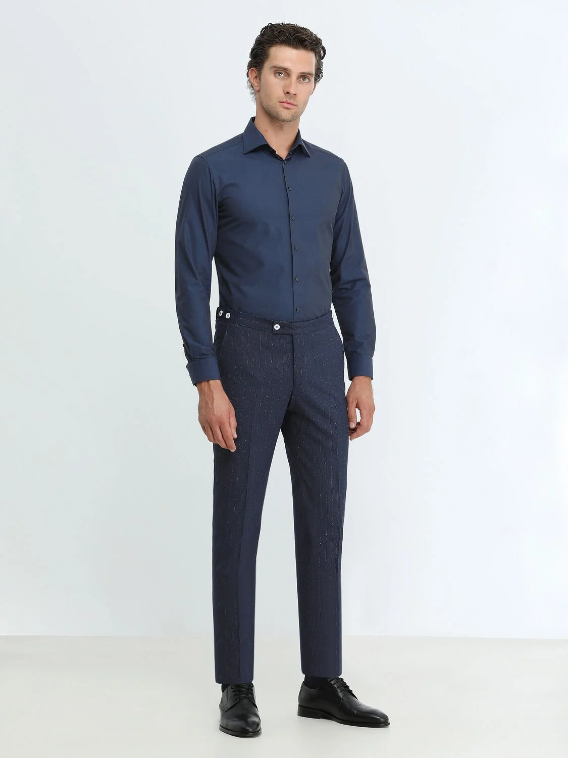 Lacivert Düz Slim Fit Dokuma Klasik Pamuk Karışımlı Gömlek - 2