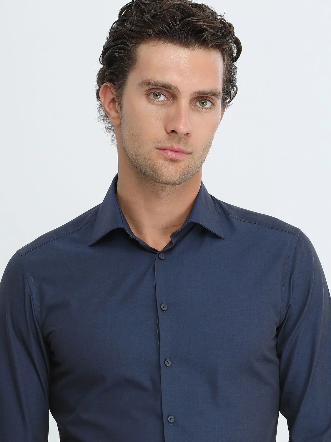 Lacivert Düz Slim Fit Dokuma Klasik Pamuk Karışımlı Gömlek - 3