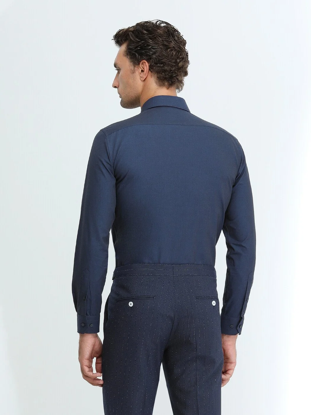 Lacivert Düz Slim Fit Dokuma Klasik Pamuk Karışımlı Gömlek - 4