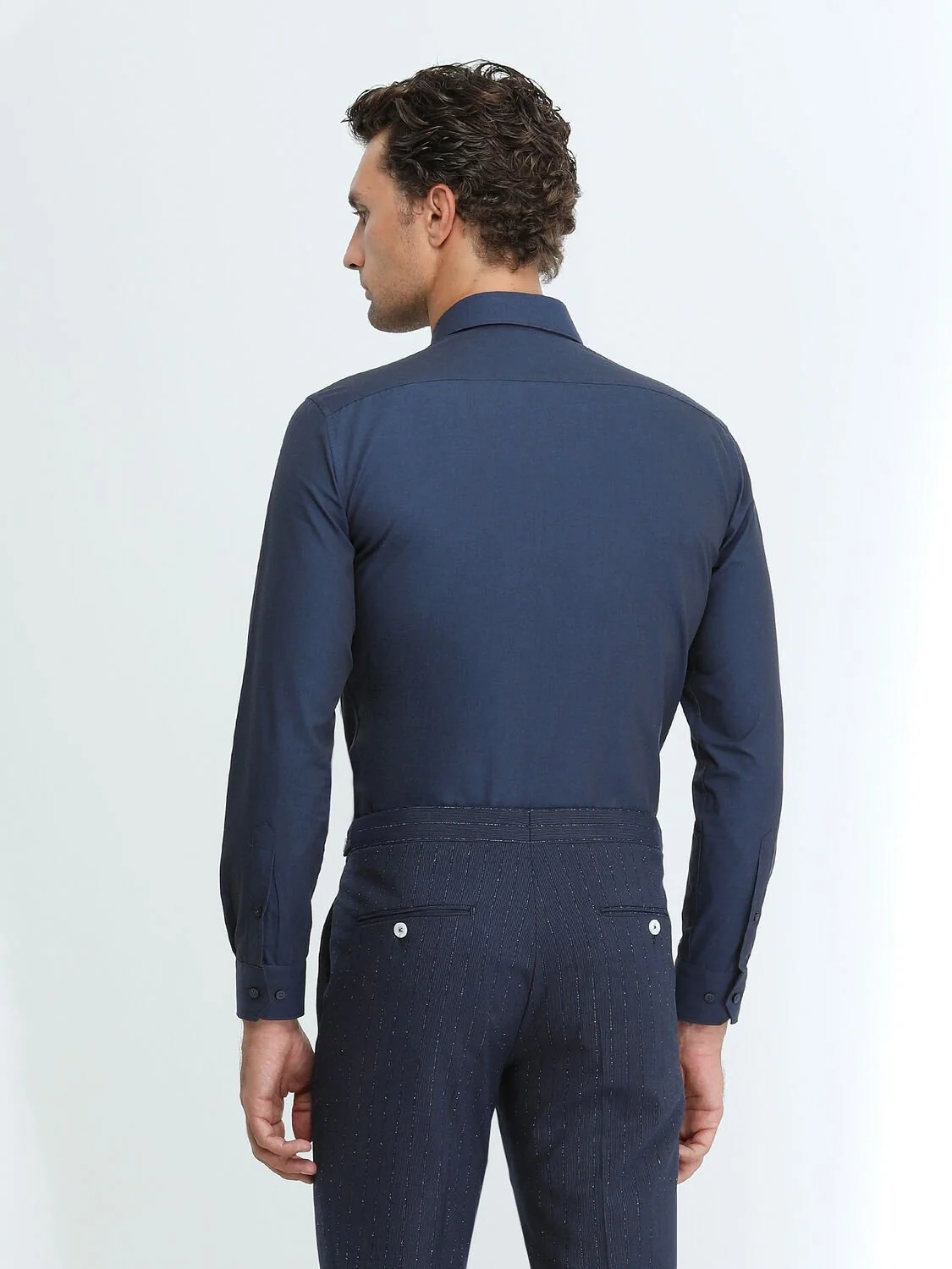 Lacivert Düz Slim Fit Dokuma Klasik Pamuk Karışımlı Gömlek - 4