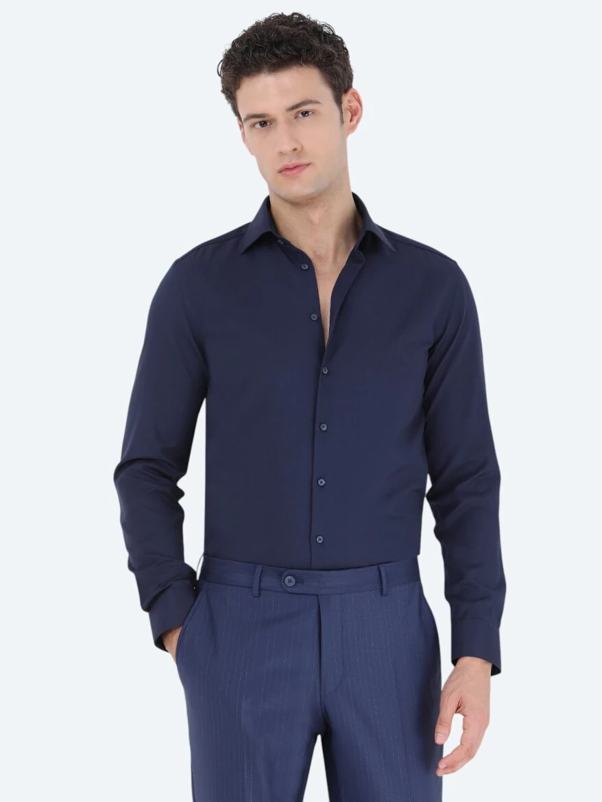 Lacivert Düz Slim Fit Dokuma Klasik Pamuk Karışımlı Gömlek - 1