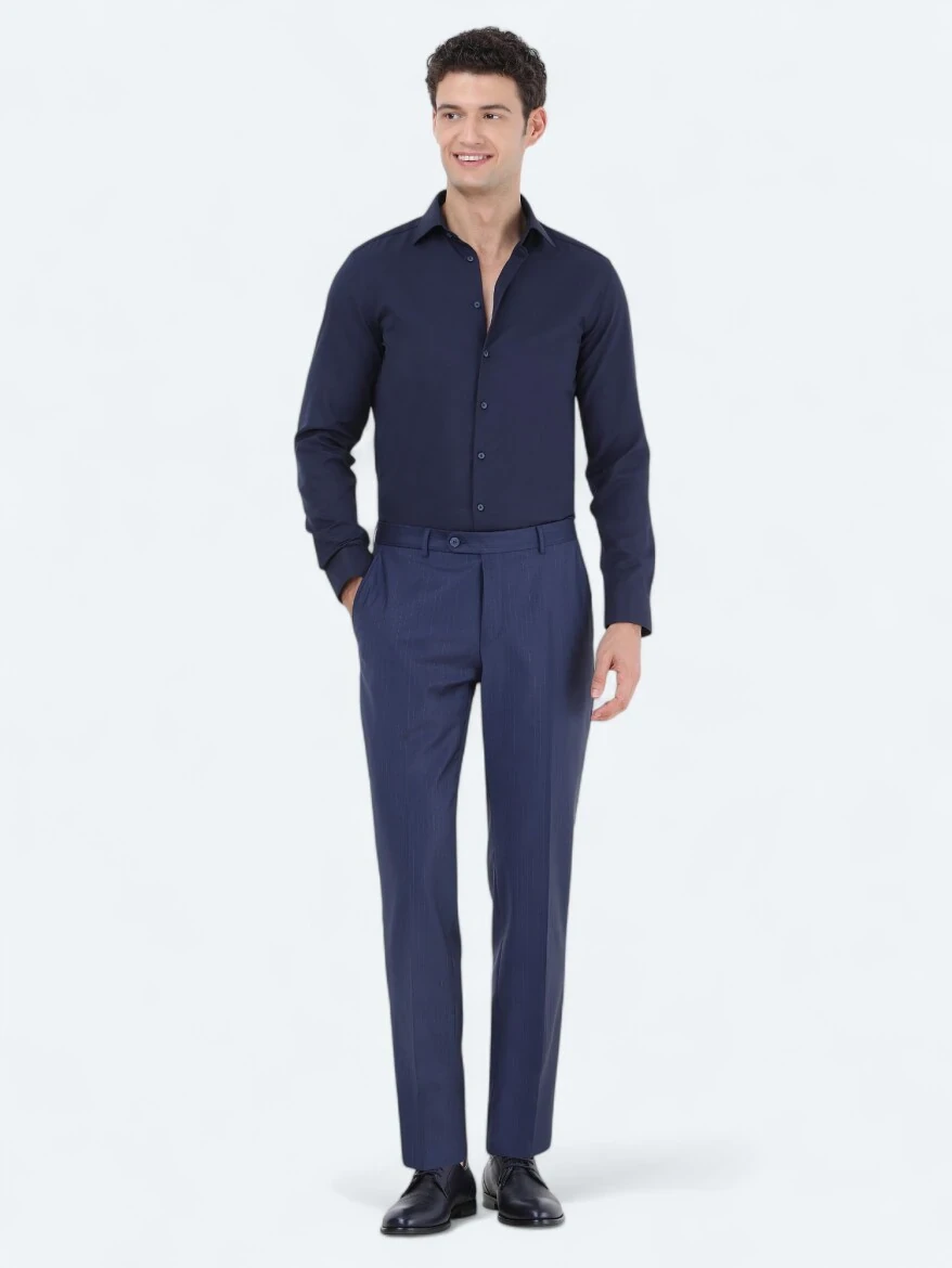 Lacivert Düz Slim Fit Dokuma Klasik Pamuk Karışımlı Gömlek - 2