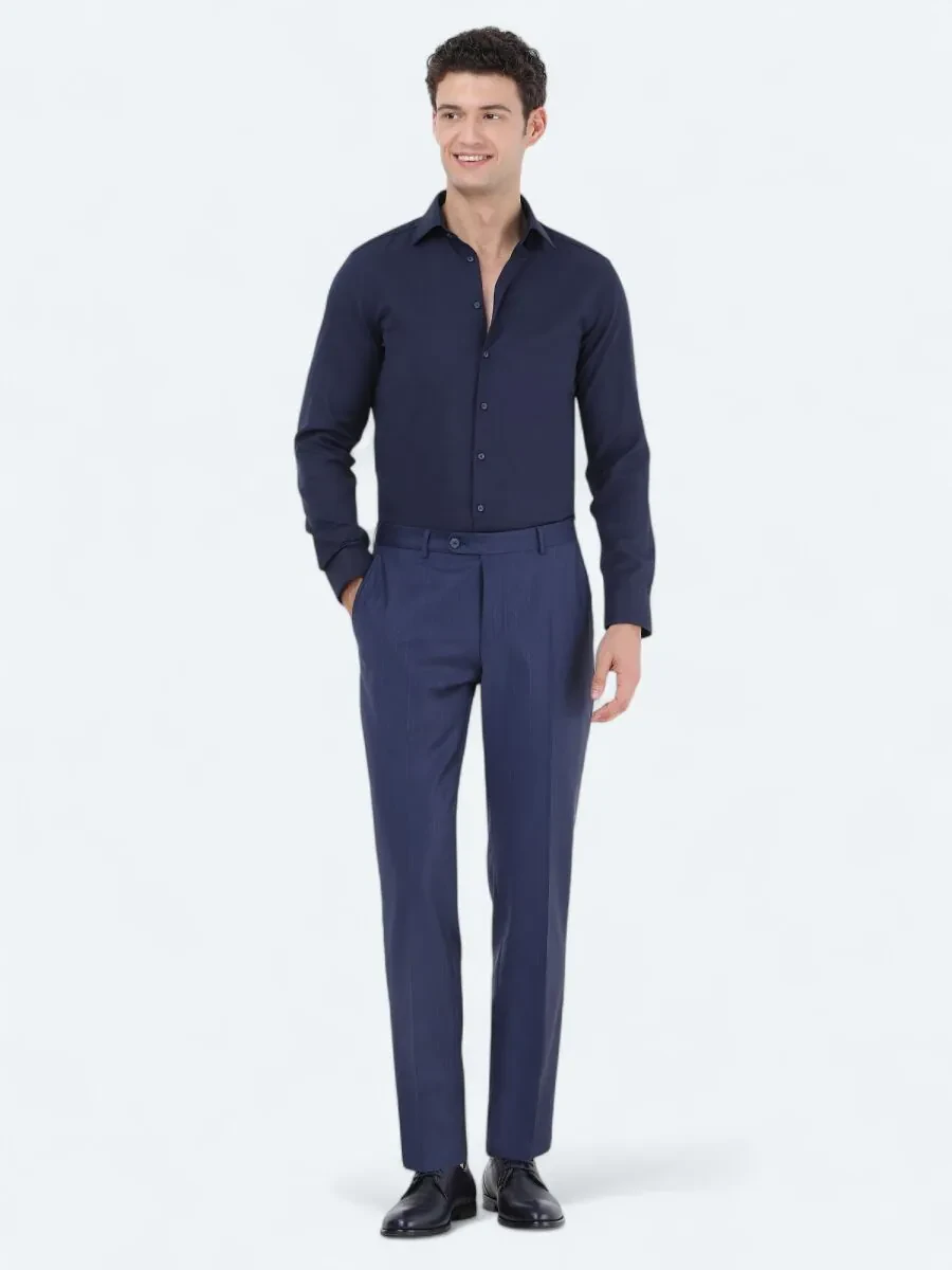 Lacivert Düz Slim Fit Dokuma Klasik Pamuk Karışımlı Gömlek - 2