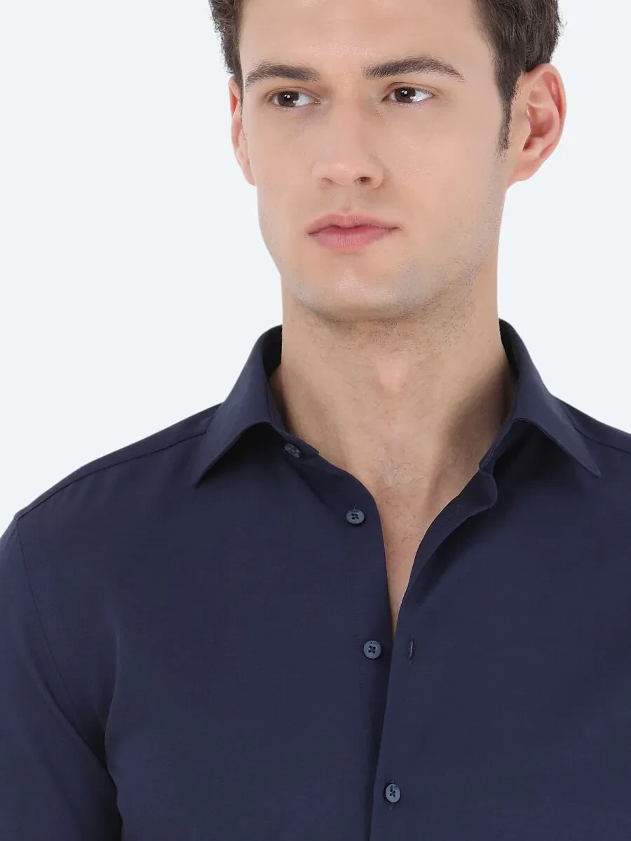 Lacivert Düz Slim Fit Dokuma Klasik Pamuk Karışımlı Gömlek - 3