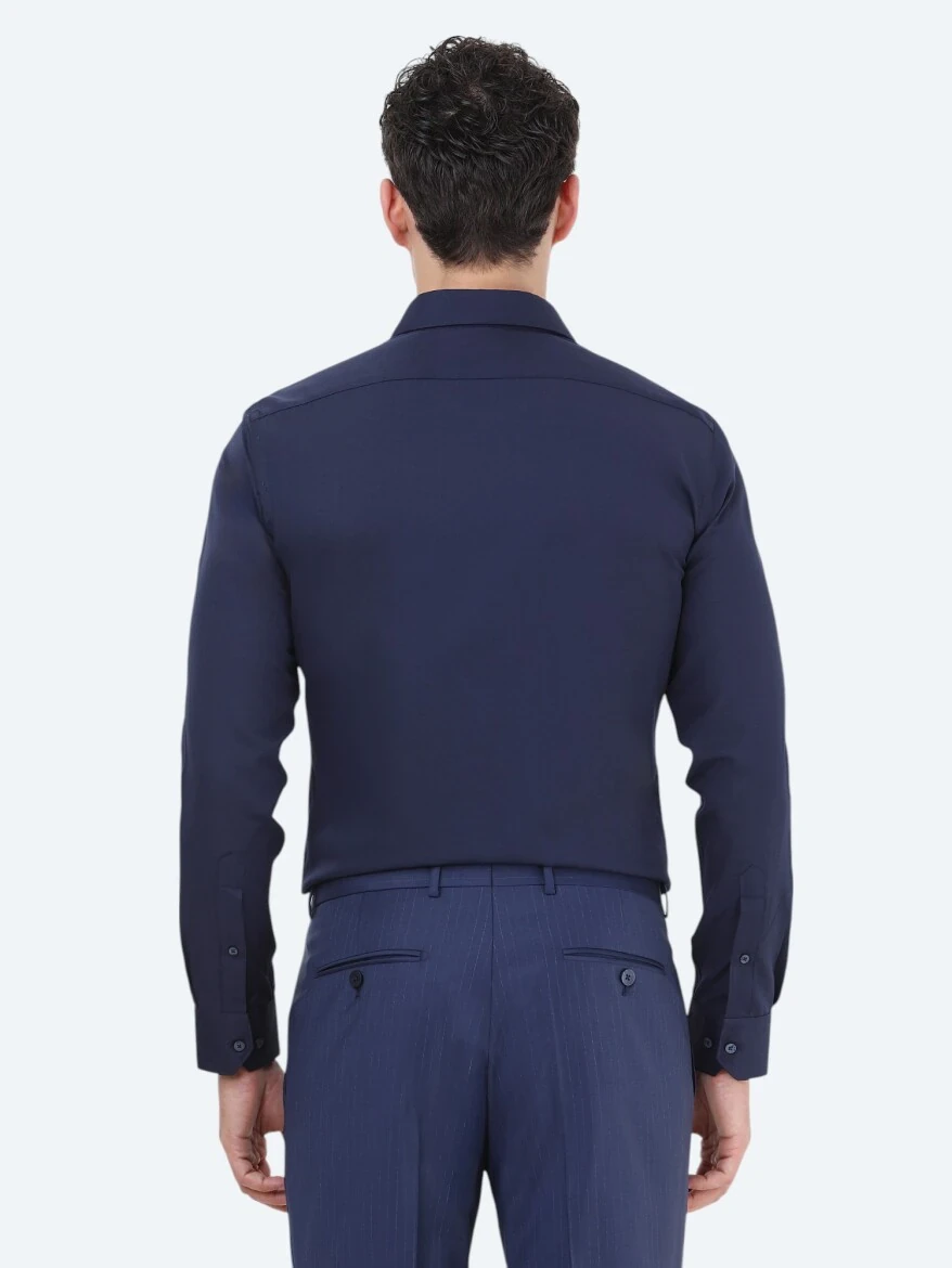 Lacivert Düz Slim Fit Dokuma Klasik Pamuk Karışımlı Gömlek - 4