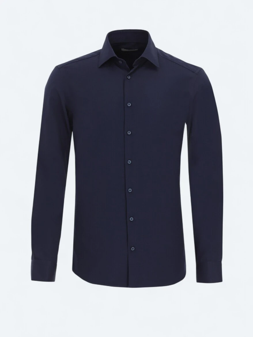Lacivert Düz Slim Fit Dokuma Klasik Pamuk Karışımlı Gömlek - 5