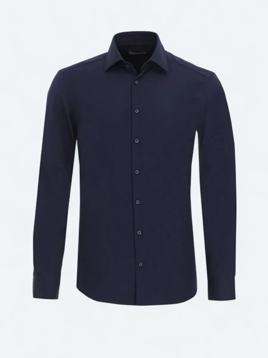 Lacivert Düz Slim Fit Dokuma Klasik Pamuk Karışımlı Gömlek - 5
