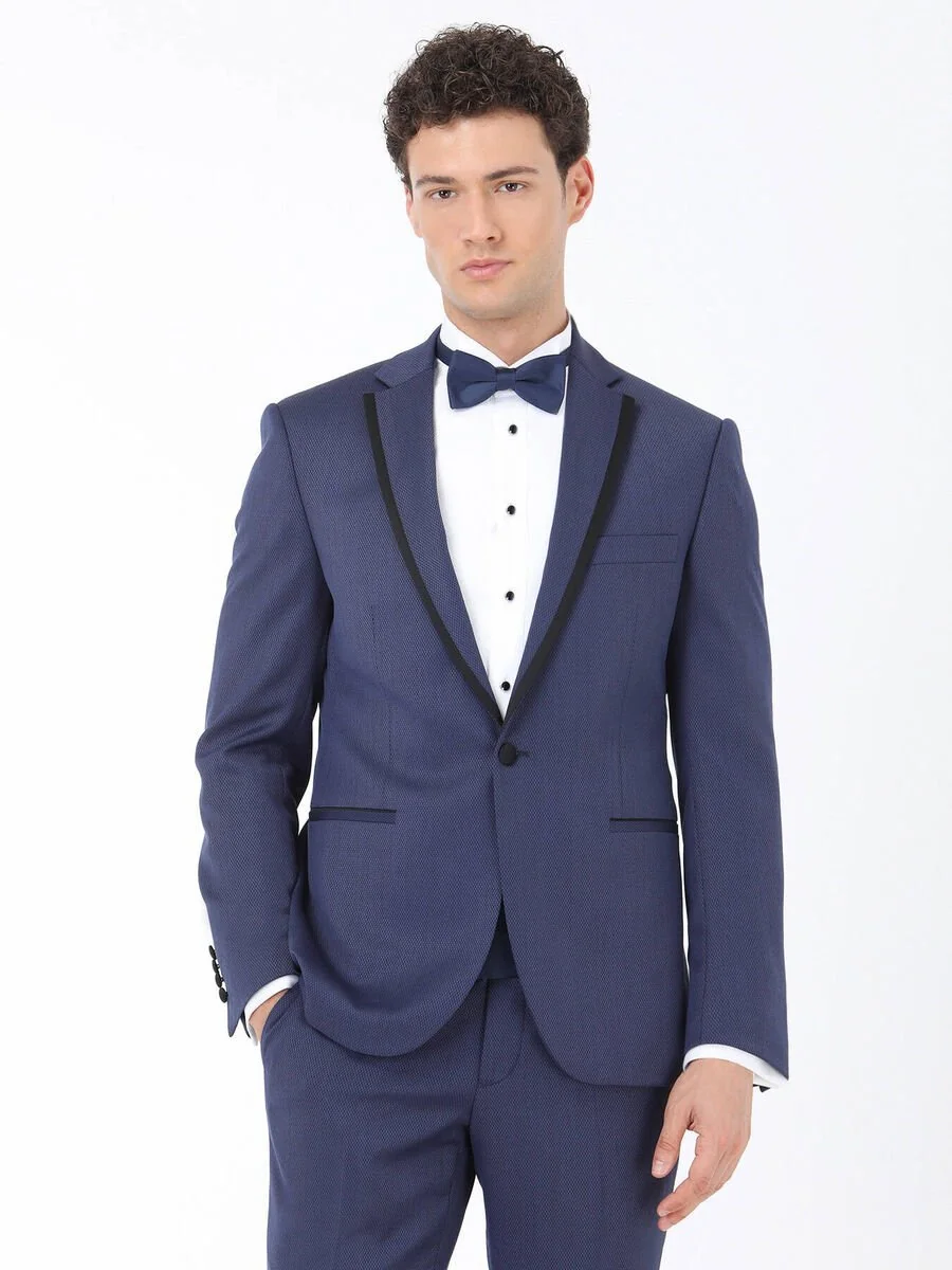 Lacivert Düz Slim Fit Kelebek Yaka Dokuma Smokin Takım Elbise - 1