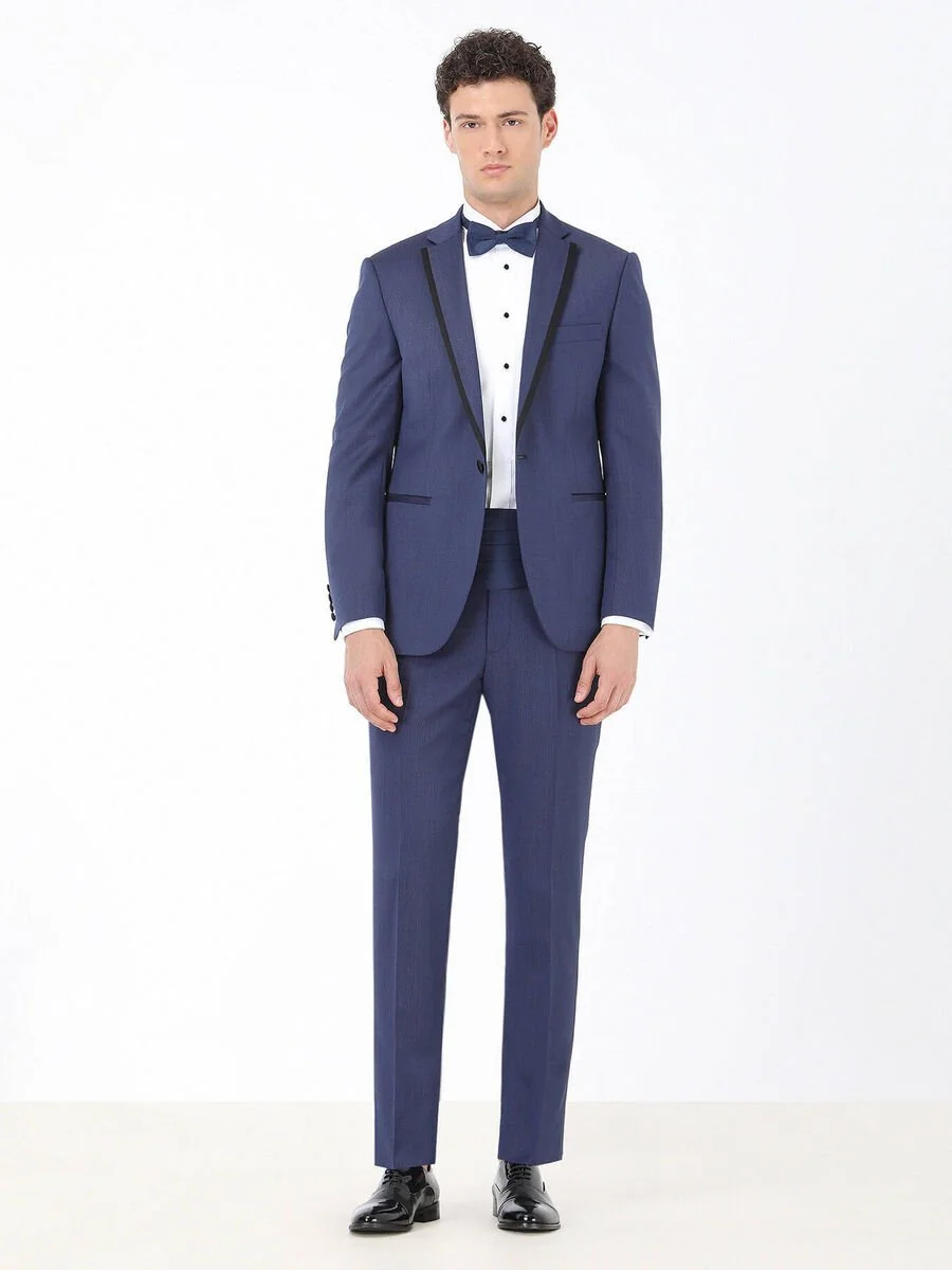 Lacivert Düz Slim Fit Kelebek Yaka Dokuma Smokin Takım Elbise - 2