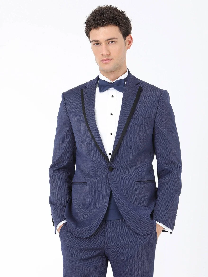 Lacivert Düz Slim Fit Kelebek Yaka Dokuma Smokin Takım Elbise - 3