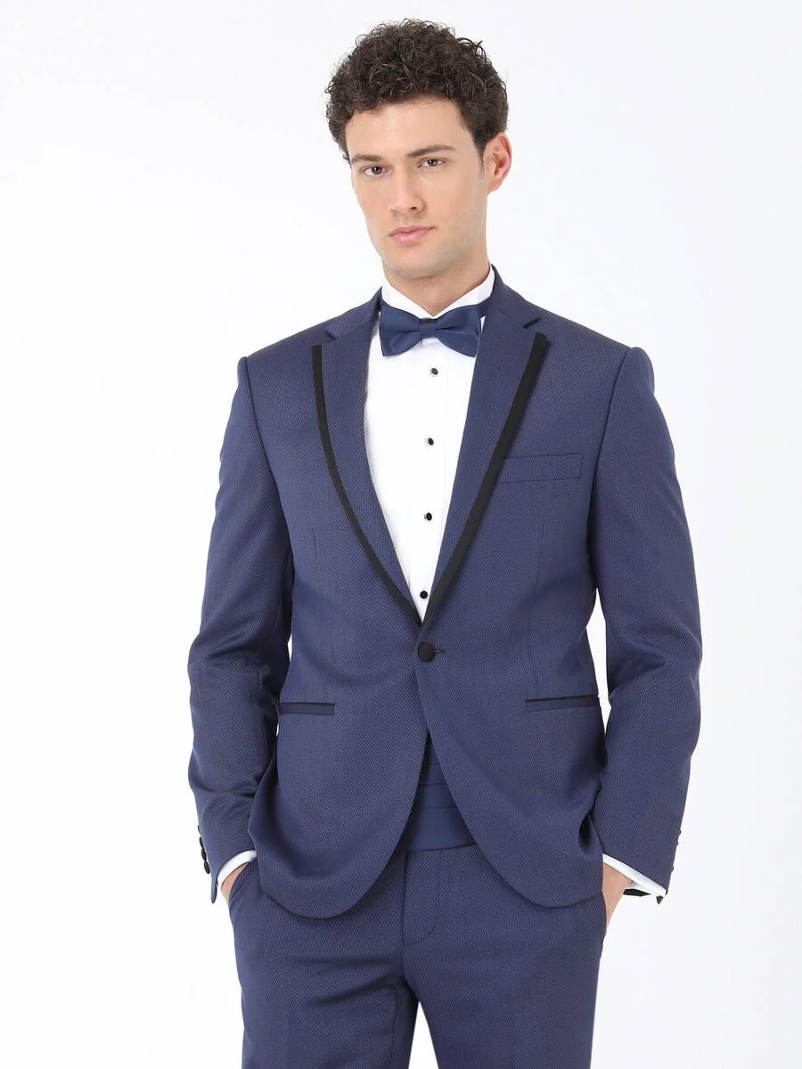 Lacivert Düz Slim Fit Kelebek Yaka Dokuma Smokin Takım Elbise - 3