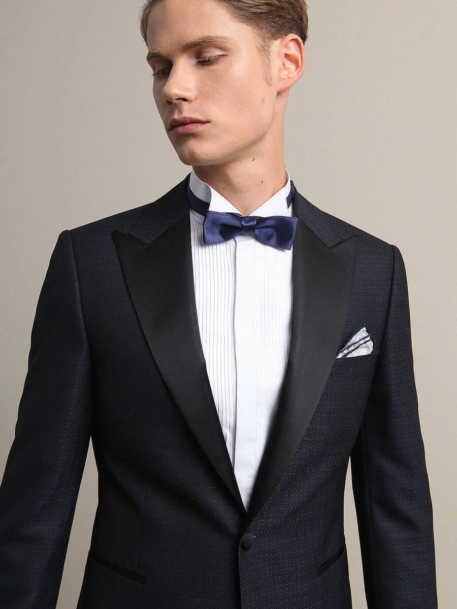 Lacivert Düz Slim Fit Kruvaze Yaka Dokuma Smokin Takım Elbise - 1