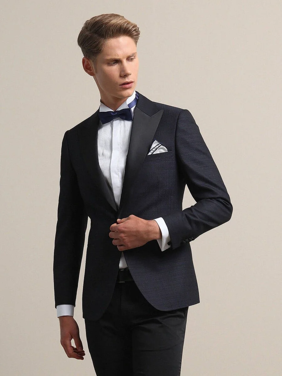 Lacivert Düz Slim Fit Kruvaze Yaka Dokuma Smokin Takım Elbise - 2