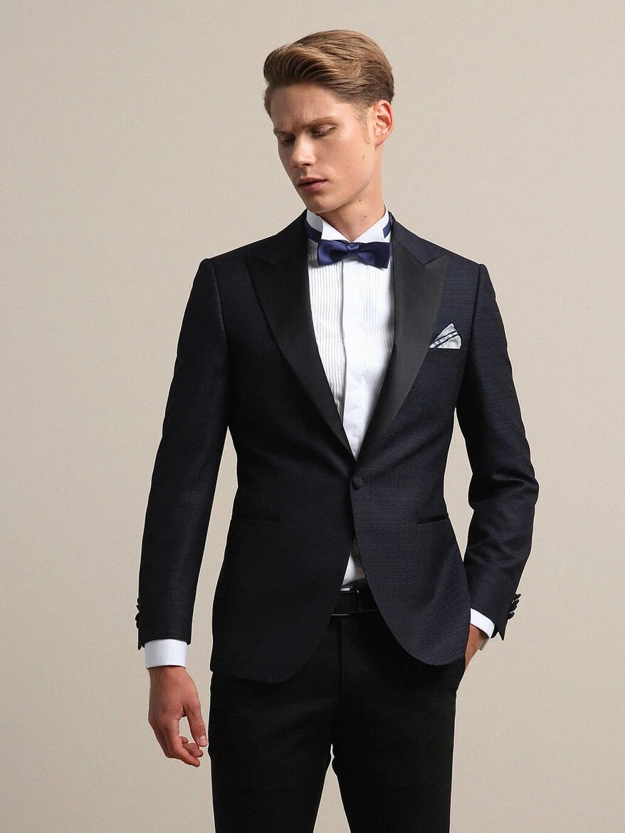 Lacivert Düz Slim Fit Kruvaze Yaka Dokuma Smokin Takım Elbise - 4
