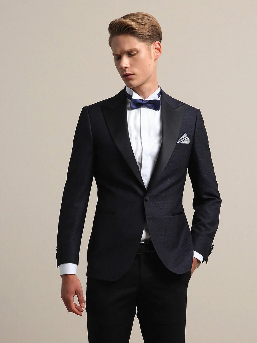 Lacivert Düz Slim Fit Kruvaze Yaka Dokuma Smokin Takım Elbise - 4