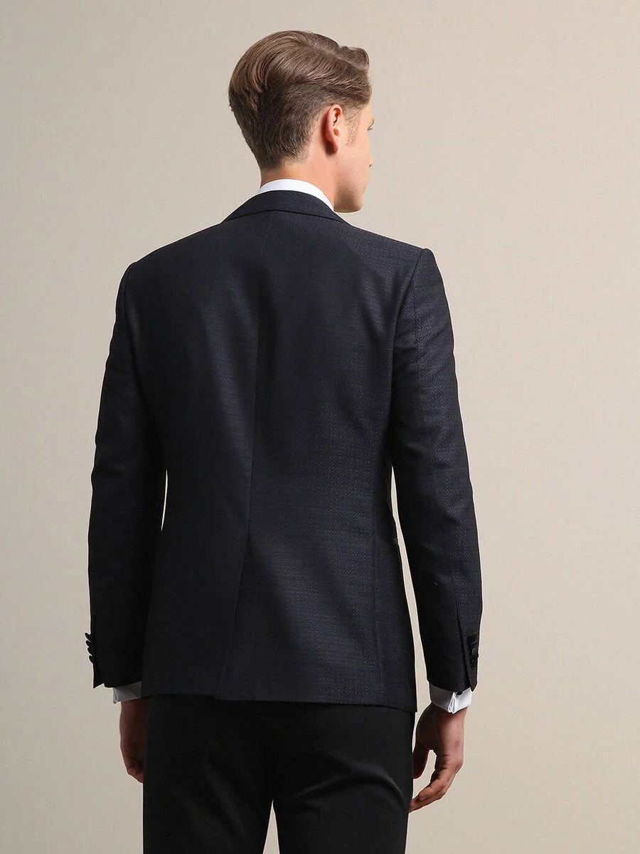 Lacivert Düz Slim Fit Kruvaze Yaka Dokuma Smokin Takım Elbise - 5