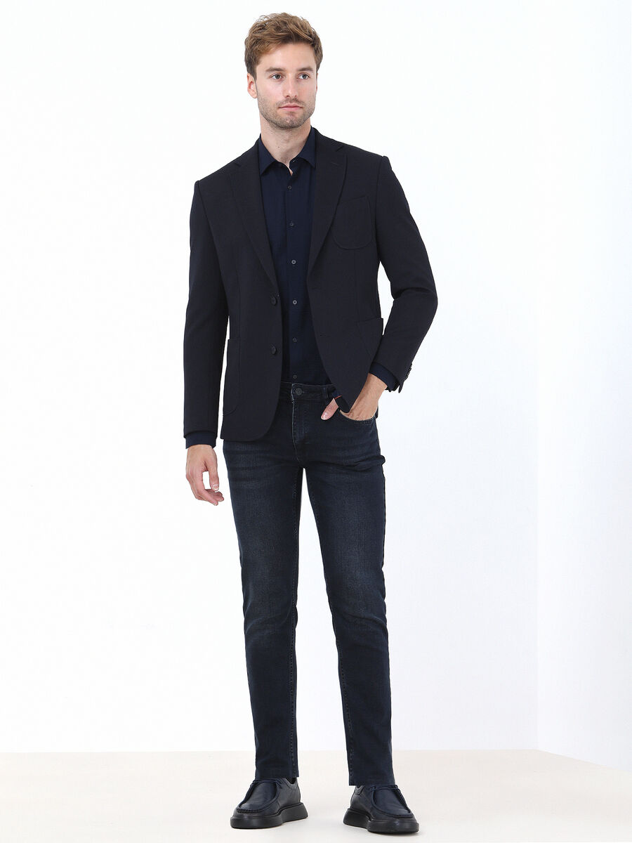 Lacivert Düz Slim Fit Örme Takım Elbise - 2