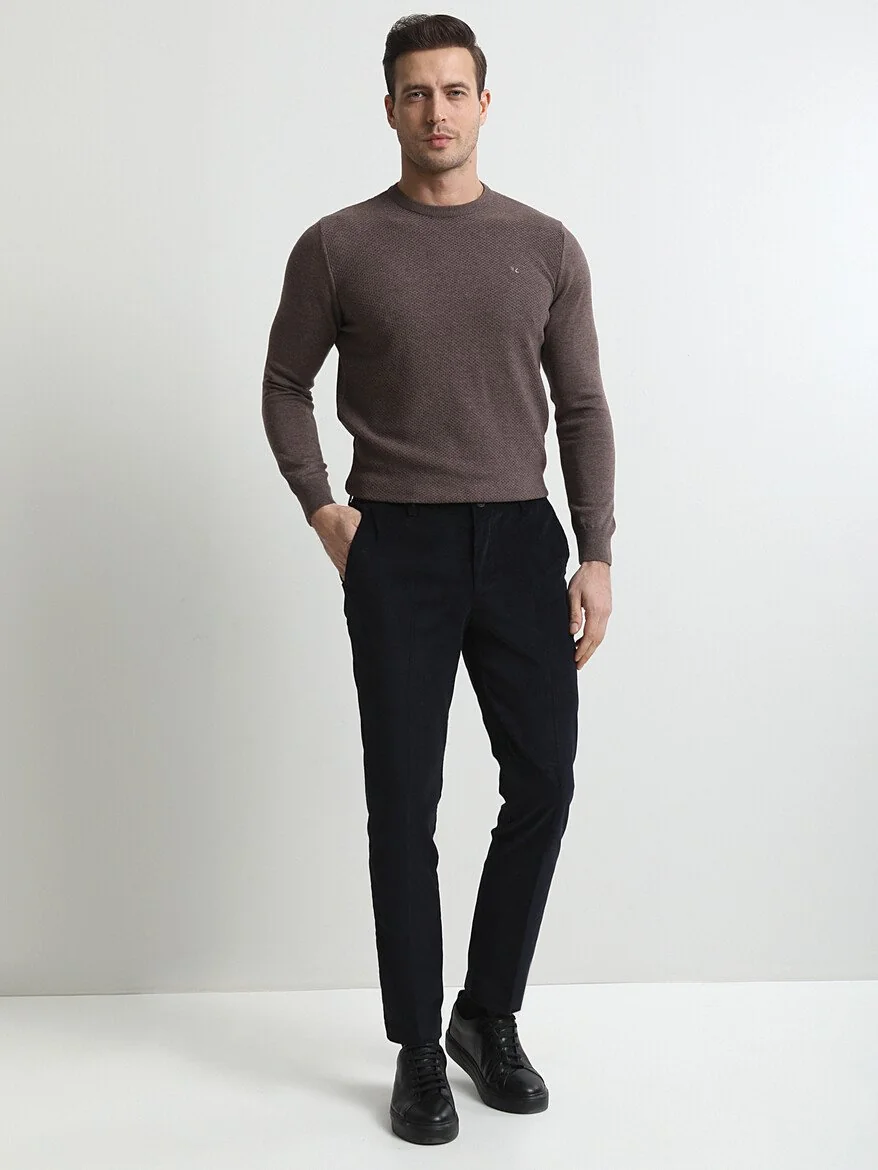Lacivert Fitilli Dokuma Slim Fit Kadife Casual Pamuk Karışımlı Pantolon - 2