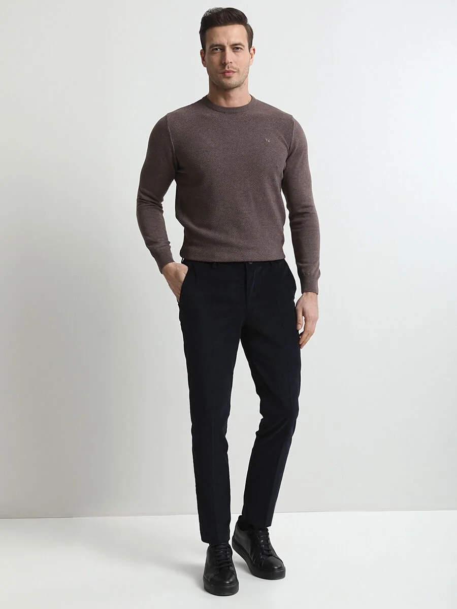 Lacivert Fitilli Dokuma Slim Fit Kadife Casual Pamuk Karışımlı Pantolon - 2
