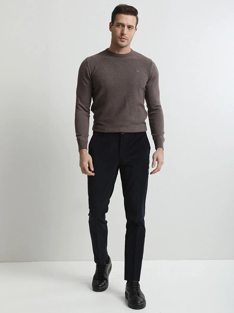 Lacivert Fitilli Dokuma Slim Fit Kadife Casual Pamuk Karışımlı Pantolon - 3