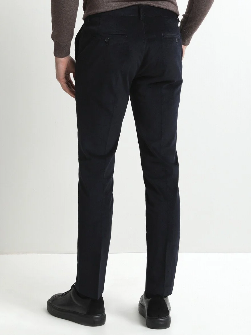 Lacivert Fitilli Dokuma Slim Fit Kadife Casual Pamuk Karışımlı Pantolon - 4