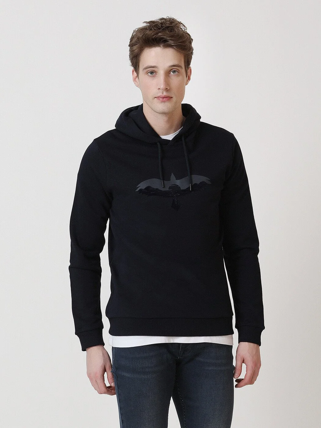 Lacivert Kapüşonlu Baskılı Sweatshırt - 3