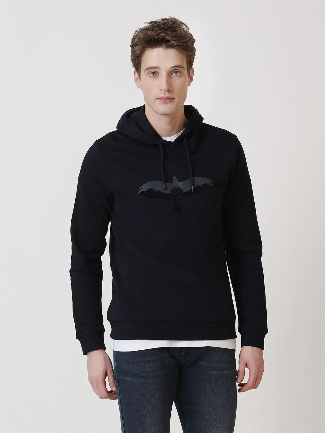 Lacivert Kapüşonlu Baskılı Sweatshırt - 3