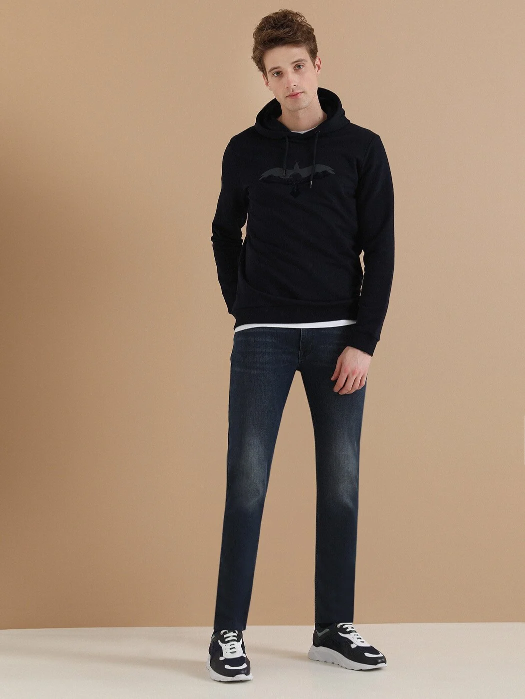 Lacivert Kapüşonlu Baskılı Sweatshırt - 5