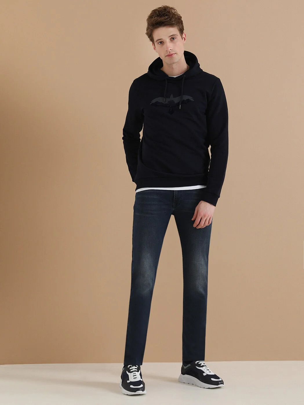 Lacivert Kapüşonlu Baskılı Sweatshırt - 5
