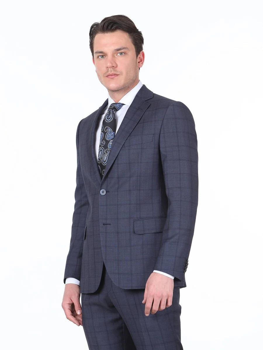 Lacivert Kareli Modern Fit %100 Yün Takım Elbise - 1