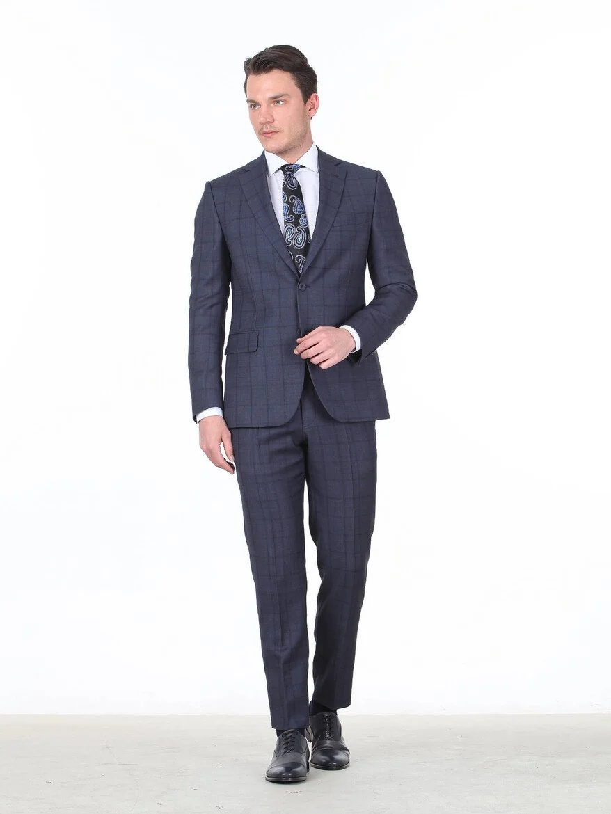 Lacivert Kareli Modern Fit %100 Yün Takım Elbise - 2